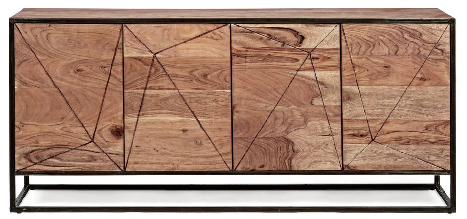 Buffet 4 portes en bois clair d'acacia vernis mat et acier noir Makune 175 cm - Photo n°1