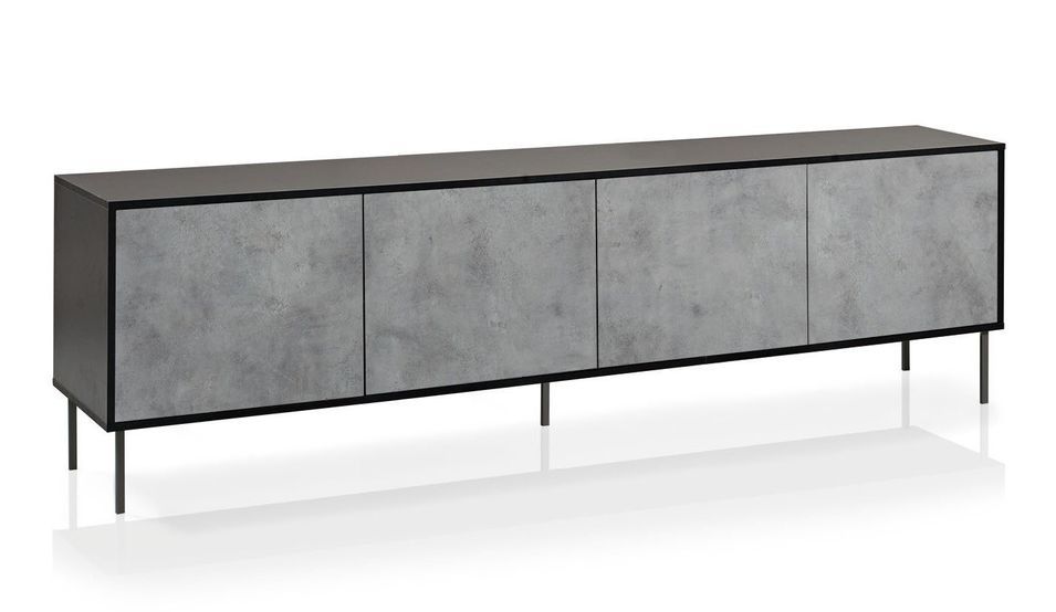 Buffet 4 portes mélaminé noir et béton pieds métal noir Luxot L 238 cm - Photo n°1