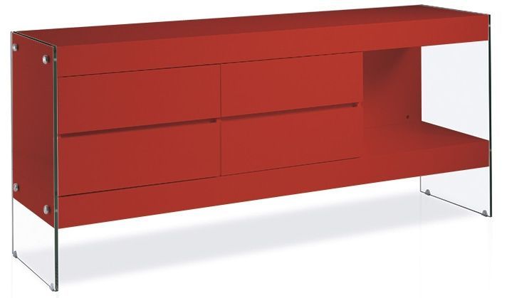 Buffet 4 tiroirs bois laqué rouge et pieds verre trempé Loana - Photo n°1