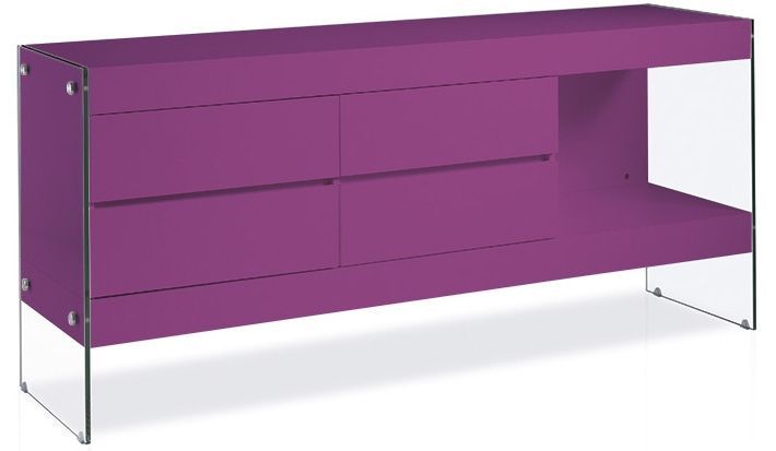 Buffet 4 tiroirs bois laqué violet et pieds verre trempé Loana - Photo n°1