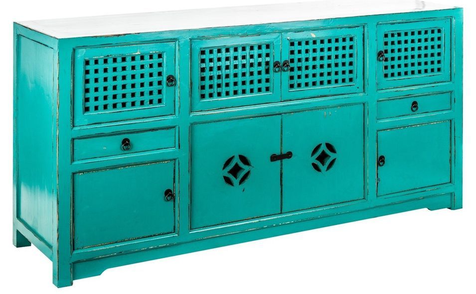 Buffet 8 portes 2 tiroirs pin massif recyclé turquoise Arjun - Photo n°1