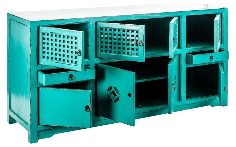 Buffet 8 portes 2 tiroirs pin massif recyclé turquoise Arjun - Photo n°3