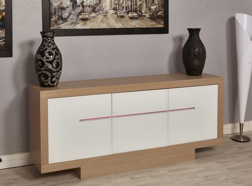 Buffet à LED 3 portes bois blanc et chêne clair Aude L 200 cm - Photo n°1