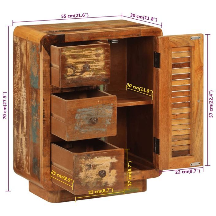 Buffet avec 3 tiroirs 55x30x70 cm bois de récupération massif - Photo n°9