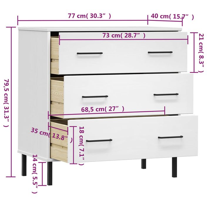 Buffet avec 3 tiroirs Blanc 77x40x79,5 cm Bois massif OSLO - Photo n°8