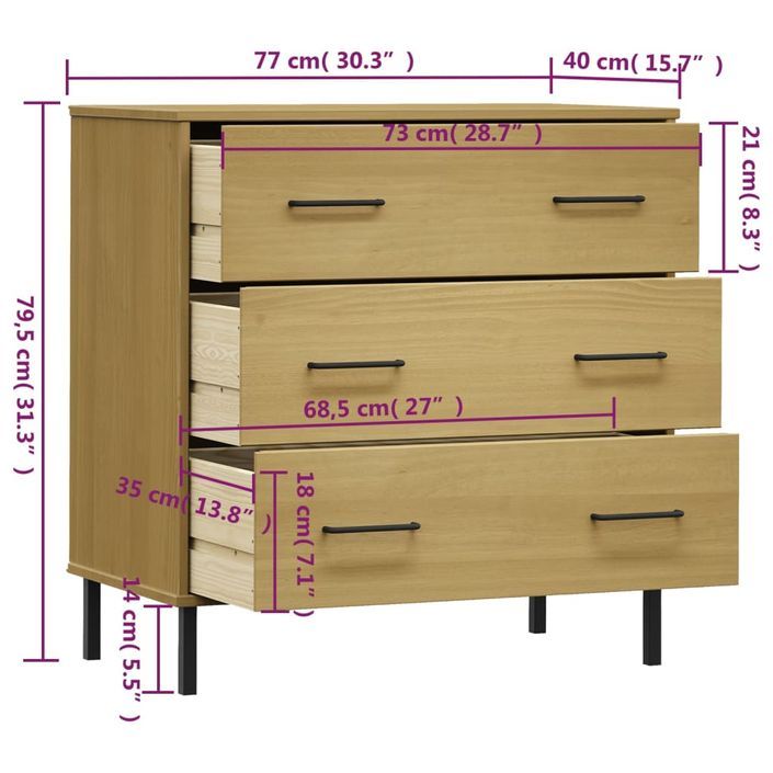 Buffet avec 3 tiroirs Marron 77x40x79,5 cm Bois massif OSLO - Photo n°8