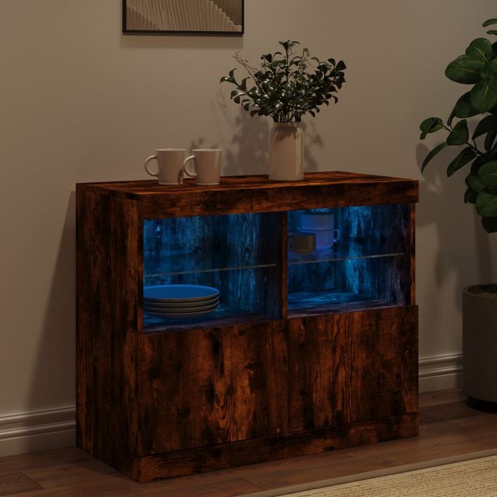 Buffet avec lumières LED chêne fumé 81x37x67 cm - Photo n°4