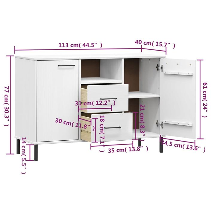 Buffet avec pieds en métal Blanc 113x40x77 cm Bois massif OSLO - Photo n°8