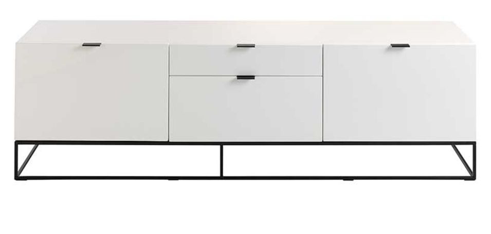 Buffet bas moderne 2 portes 2 tiroirs en bois laqué blanc et acier noir Valina 180 cm - Photo n°1