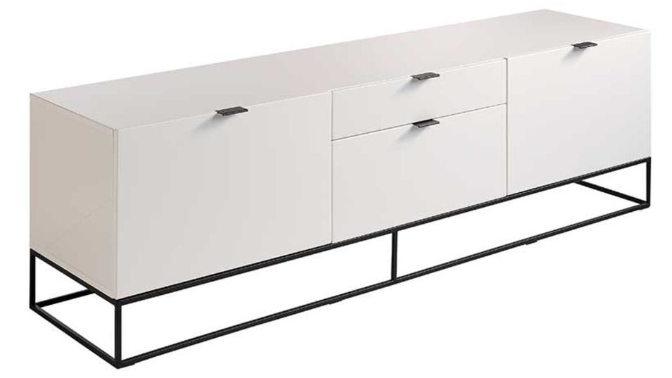 Buffet bas moderne 2 portes 2 tiroirs en bois laqué blanc et acier noir Valina 180 cm - Photo n°3