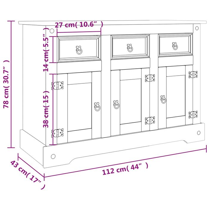 Buffet Corona gris 112x43x78 cm bois massif pin mexicain - Photo n°9