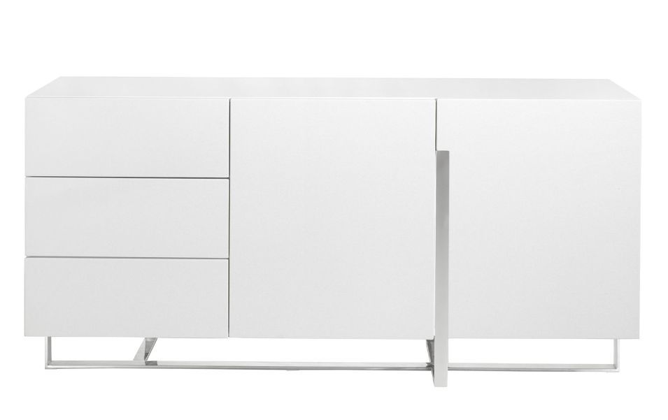 Buffet design 2 portes 3 tiroirs Dezina 180 cm - Laqué blanc et acier chromé - Photo n°1