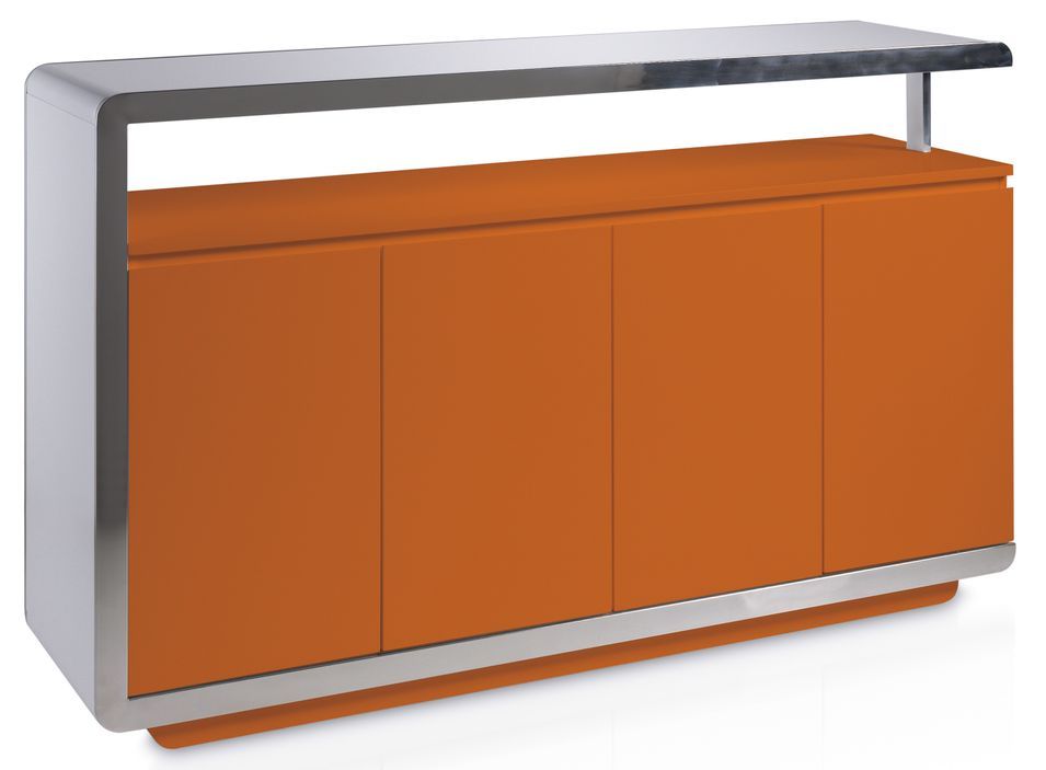 Buffet design 4 portes bois laqué orange et acier chromé Modena - Photo n°1