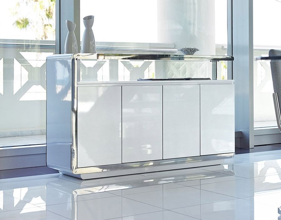 Buffet design 4 portes Modena 140 cm - Laqué blanc et acier chromé - Photo n°4