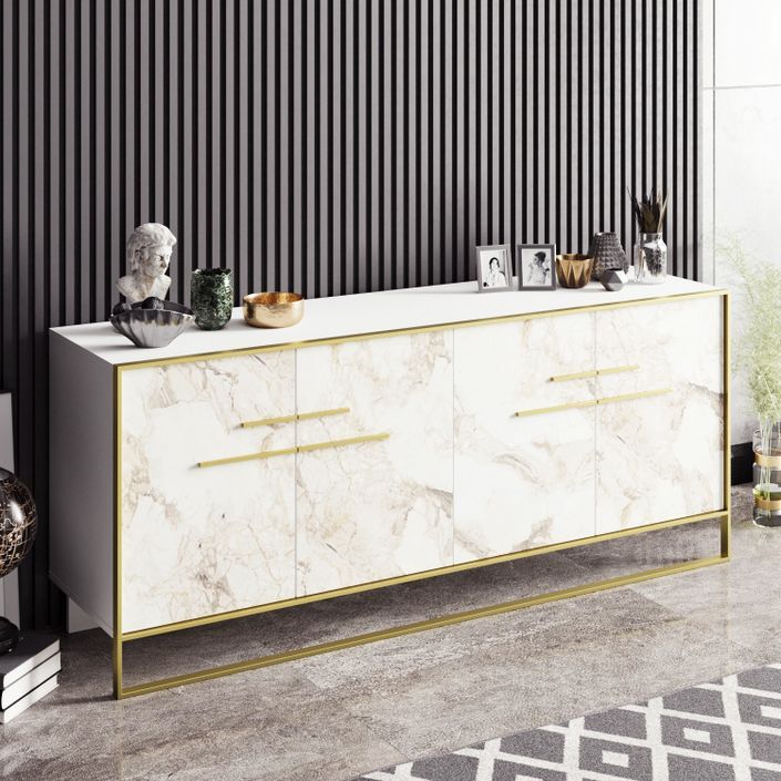 Buffet en bois blanc effet marbre et métal doré 4 portes Bali 180 cm - Photo n°4