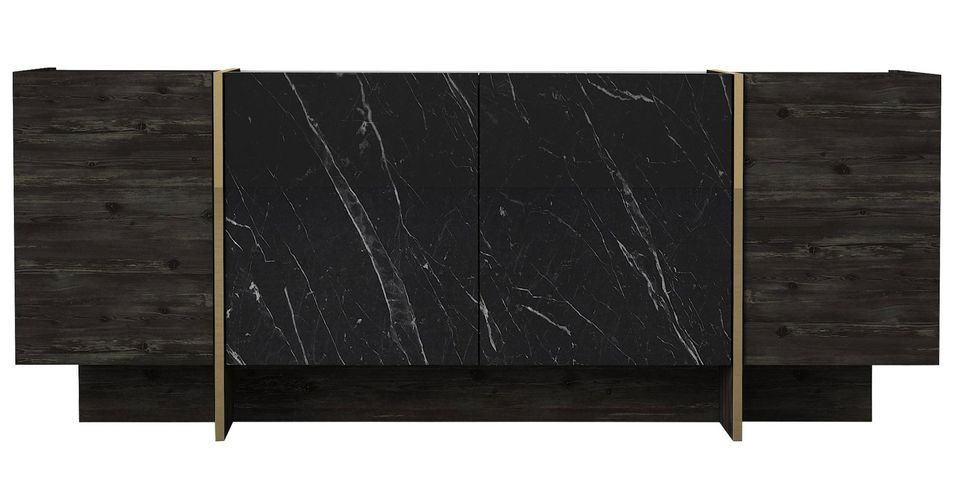 Buffet en bois gris foncé et noir effet marbre 4 portes Flora 180 cm - Photo n°1