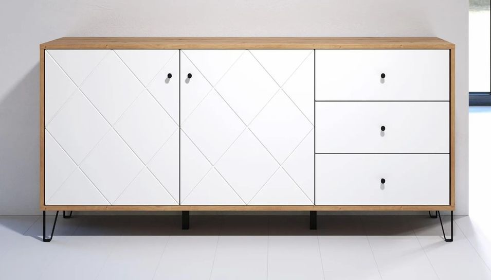 Buffet en bois MDF blanc et bois clair 2 portes 3 tiroirs Kidou L 183 cm - Photo n°1