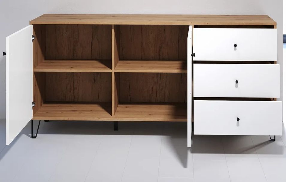 Buffet en bois MDF blanc et bois clair 2 portes 3 tiroirs Kidou L 183 cm - Photo n°3