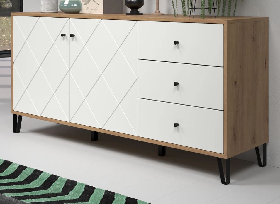 Buffet en bois MDF blanc et bois clair 2 portes 3 tiroirs Kidou L 183 cm - Photo n°4