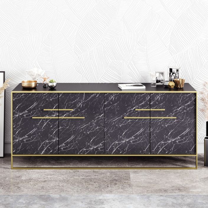 Buffet en bois noir effet marbre et métal doré 4 portes Bali 180 cm - Photo n°3