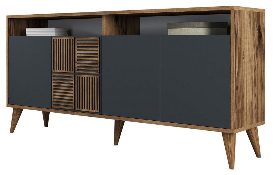 Buffet en bois noyer et anthracite 4 portes Roma 160 cm - Photo n°1