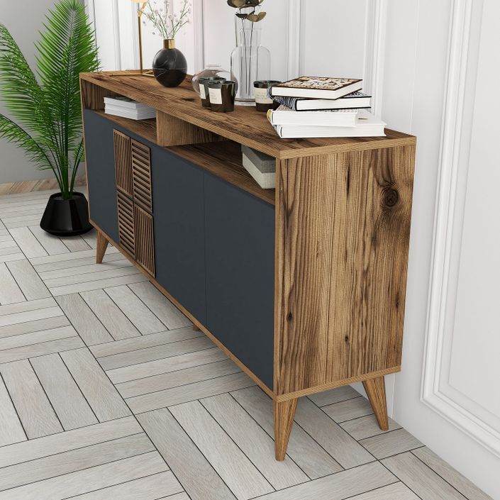 Buffet en bois noyer et anthracite 4 portes Roma 160 cm - Photo n°5