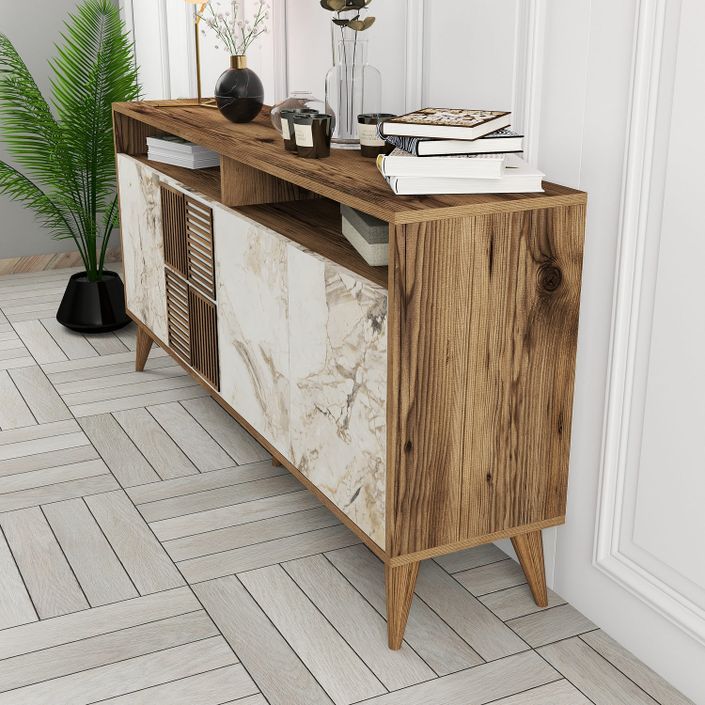 Buffet en bois noyer et blanc effet marbre 4 portes Roma 160 cm - Photo n°5