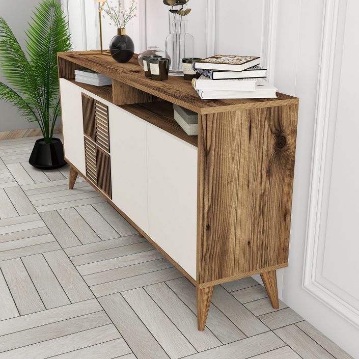 Buffet en bois noyer et crème 4 portes Roma 160 cm - Photo n°5