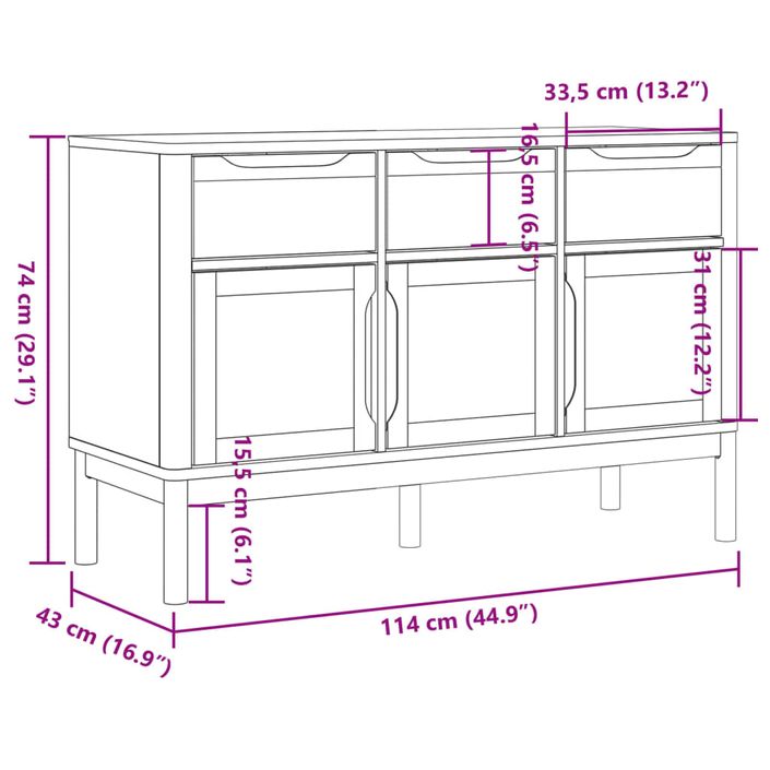 Buffet FLORO blanc 114x43x74 cm bois massif de pin - Photo n°10