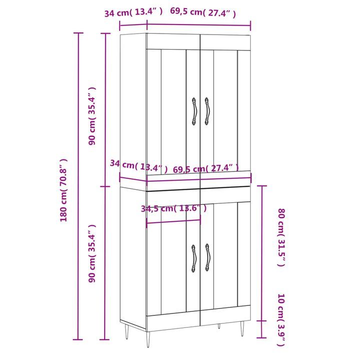 Buffet haut Blanc brillant 69,5x34x180 cm Bois d'ingénierie - Photo n°10