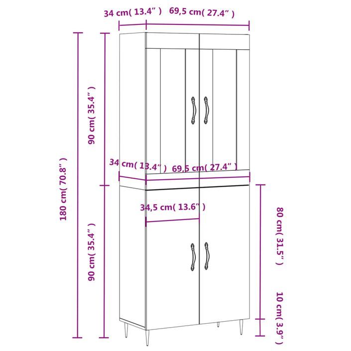 Buffet haut Blanc brillant 69,5x34x180 cm Bois d'ingénierie - Photo n°11