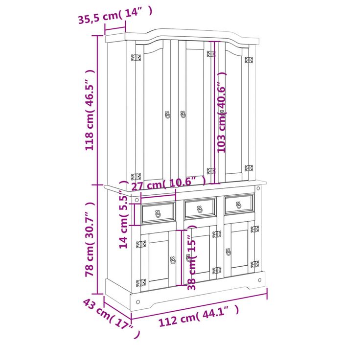 Buffet haut Corona blanc 112x43x196 cm bois massif pin mexicain - Photo n°9