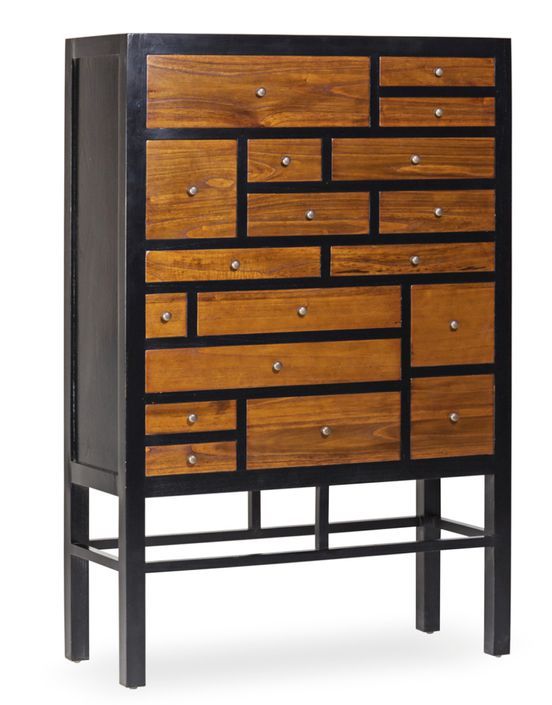 Buffet haut en bois massif de Mindy noir et naturel 18 tiroirs Ranka 100 cm - Photo n°1