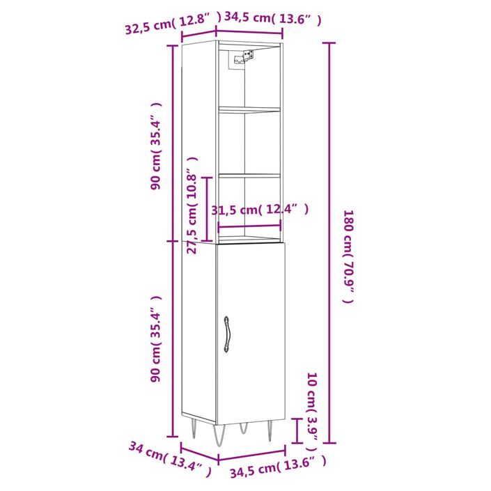 Buffet haut Noir 34,5x34x180 cm Bois d'ingénierie - Photo n°12