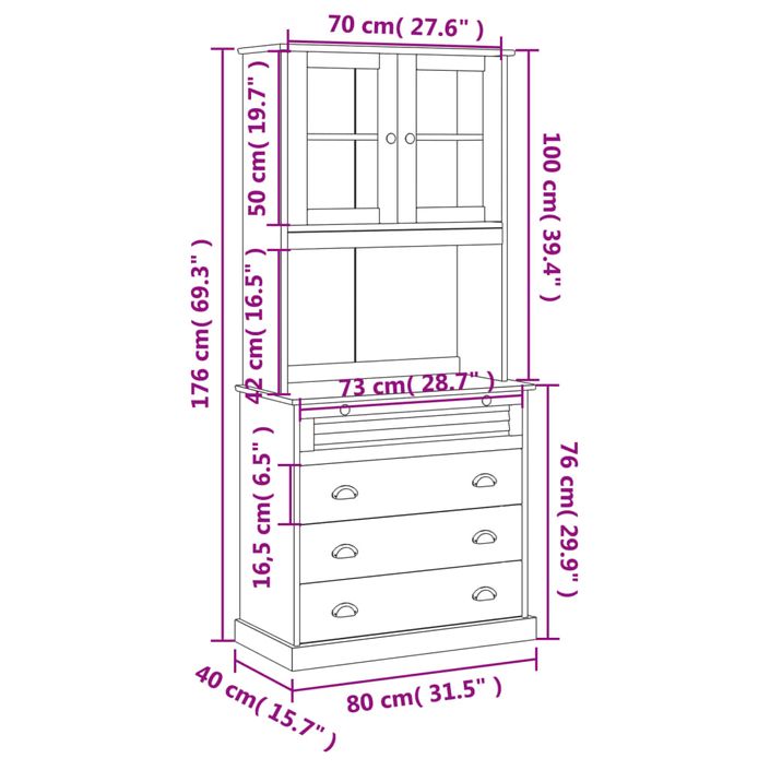 Buffet haut VIGO gris 80x40x176 cm bois massif de pin - Photo n°12