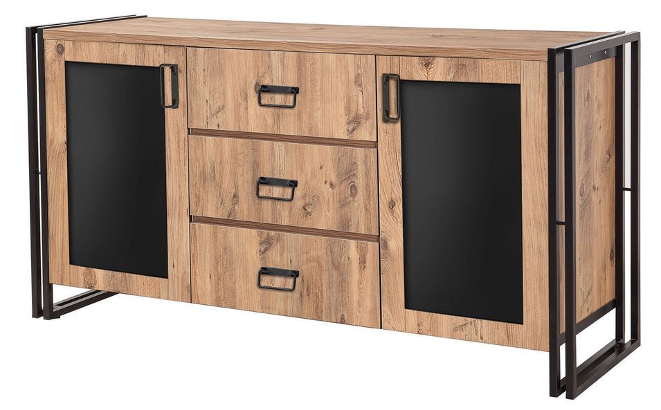 Buffet industriel 2 portes 3 tiroirs bois naturel et acier noir Linko 160 cm - Photo n°1