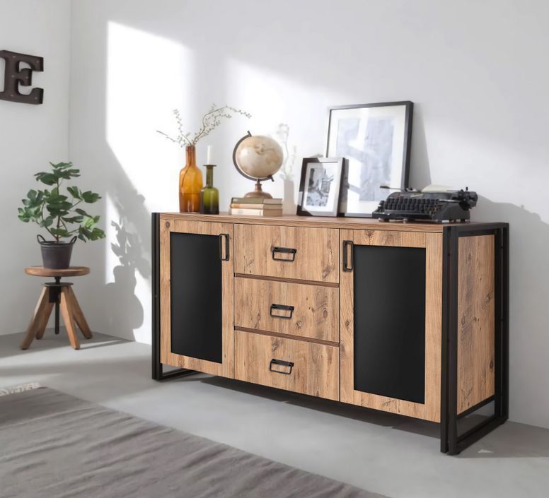 Buffet industriel 2 portes 3 tiroirs bois naturel et acier noir Linko 160 cm - Photo n°4