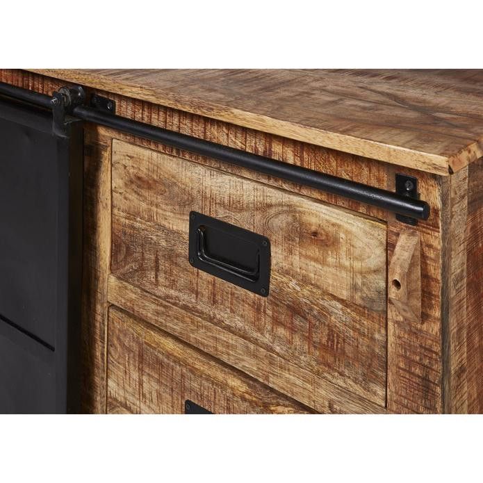 Buffet industriel 2 portes coulissantes 6 tiroirs bois massif et pieds métal noir Menko 200 cm - Photo n°6