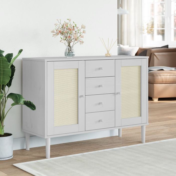 Buffet SENJA aspect rotin blanc 112x40x80cm bois massif de pin - Photo n°2