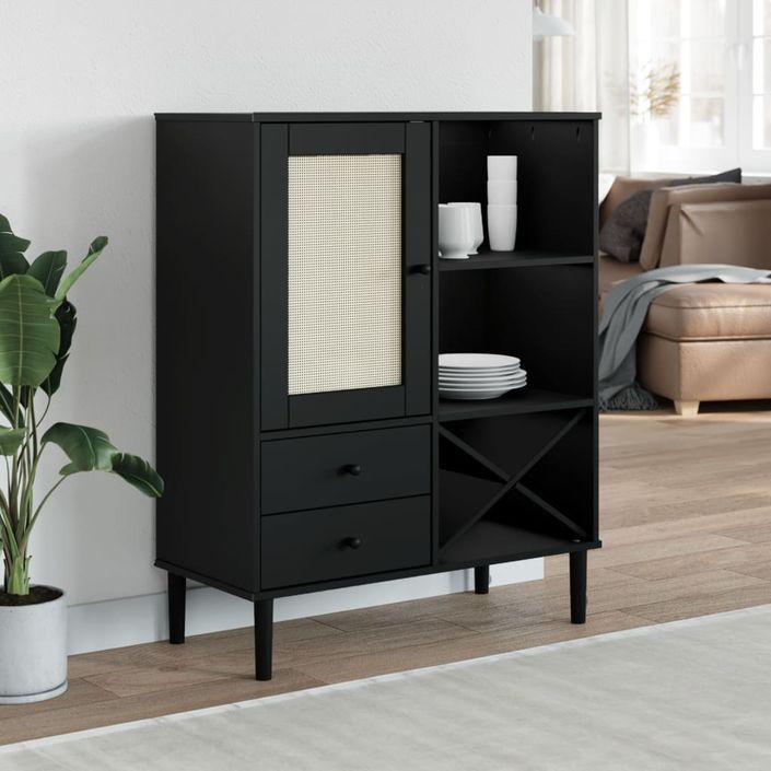 Buffet SENJA aspect rotin noir 90x40x112cm bois massif de pin - Photo n°2