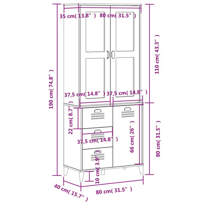 Buffet VIKEN blanc 80x40x190 cm bois massif de pin - Photo n°12