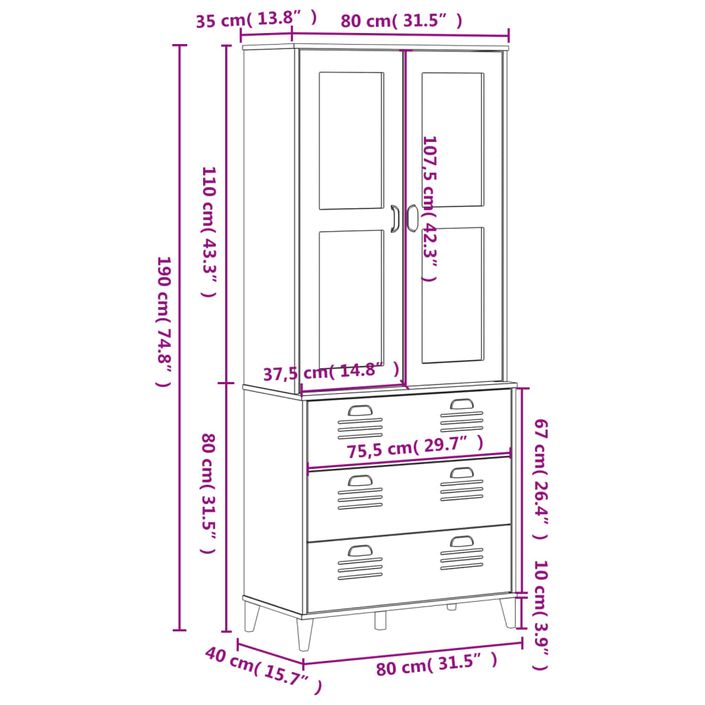 Buffet VIKEN blanc 80x40x190 cm bois massif de pin - Photo n°12