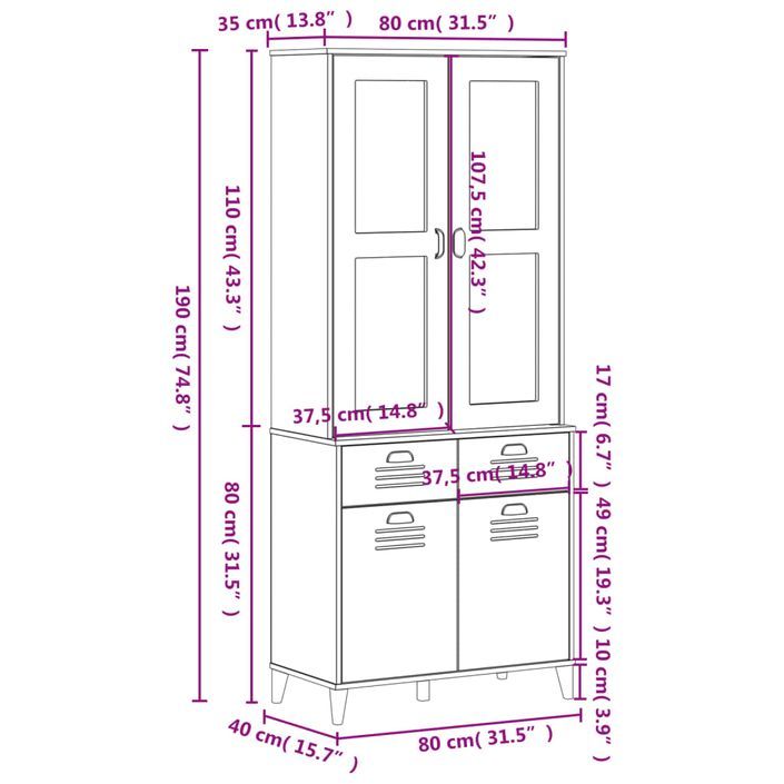 Buffet VIKEN blanc 80x40x190 cm bois massif de pin - Photo n°12