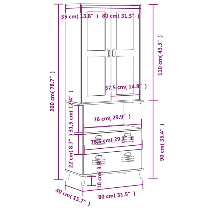 Buffet VIKEN blanc 80x40x200 cm bois massif de pin - Photo n°12