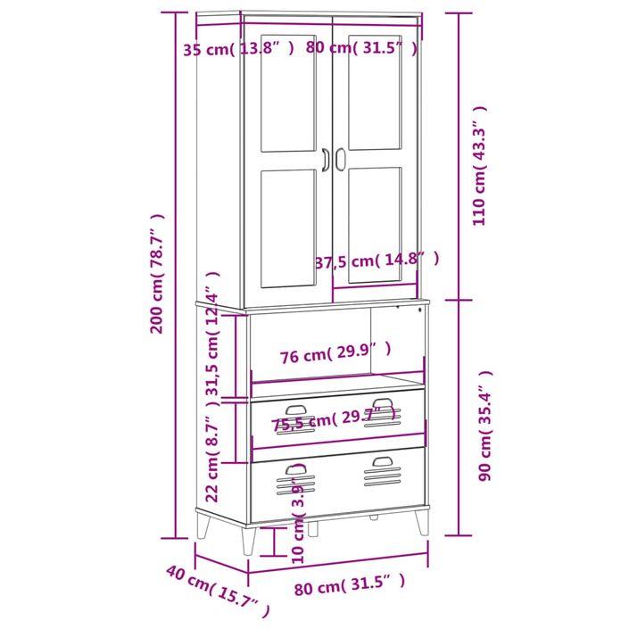 Buffet VIKEN gris anthracite 80x40x200 cm bois massif de pin - Photo n°12