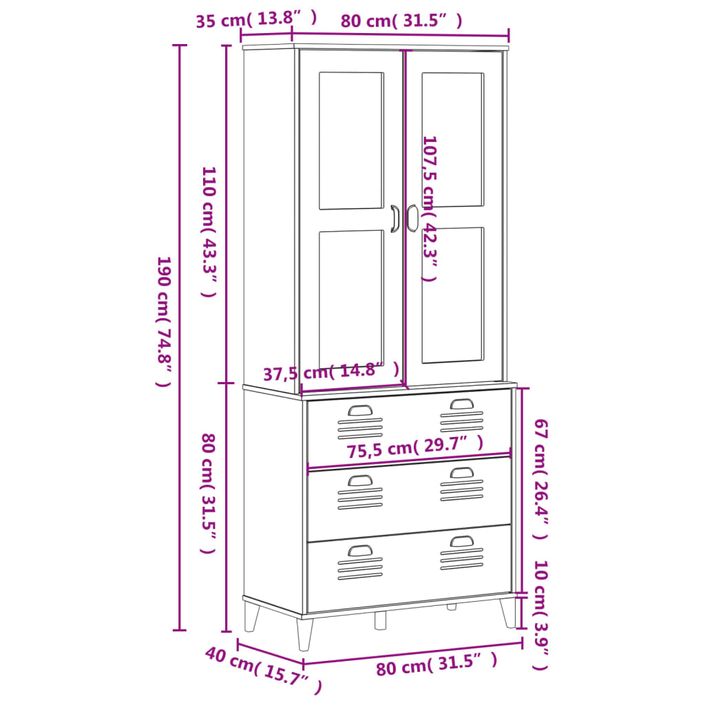 Buffet VIKEN noir 80x40x190 cm bois massif de pin - Photo n°12