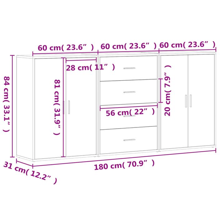 Buffets 3 pcs chêne sonoma 60x31x84 cm bois d'ingénierie - Photo n°10