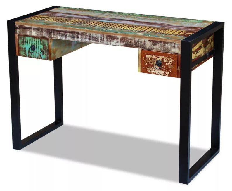 Bureau 2 tiroirs 1 porte bois massif recyclé multicolore et métal noir Moust 110 cm - Photo n°3