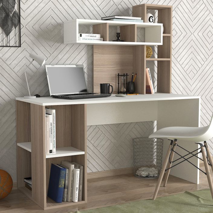 Bureau avec étagère intégré bois naturel et blanc Ciska 120 - Photo n°2