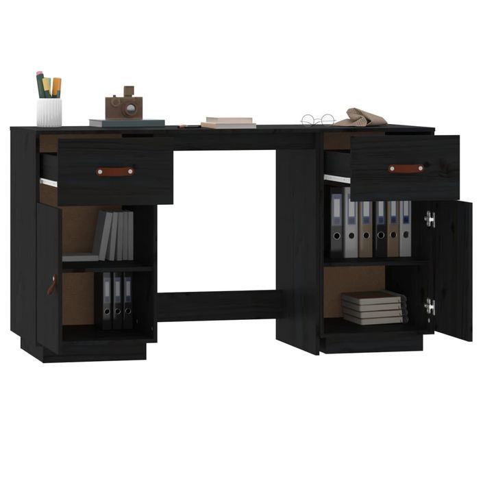 Bureau avec armoires Noir 135x50x75 cm Bois massif de pin - Photo n°5